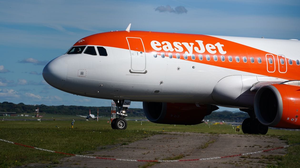 easyJet Airbus A320 ready for takeoff at Hamburg Airport on a clear sunny day