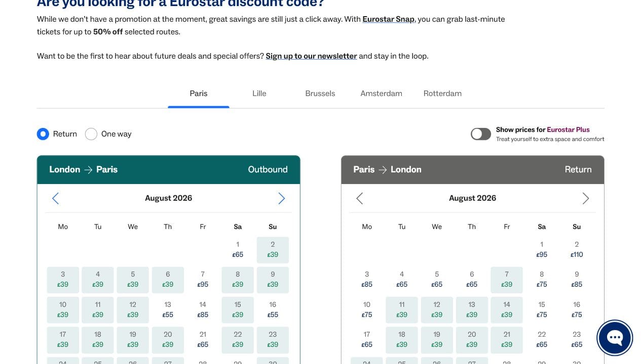 Eurostar calendar showing £39 fares in August 2026