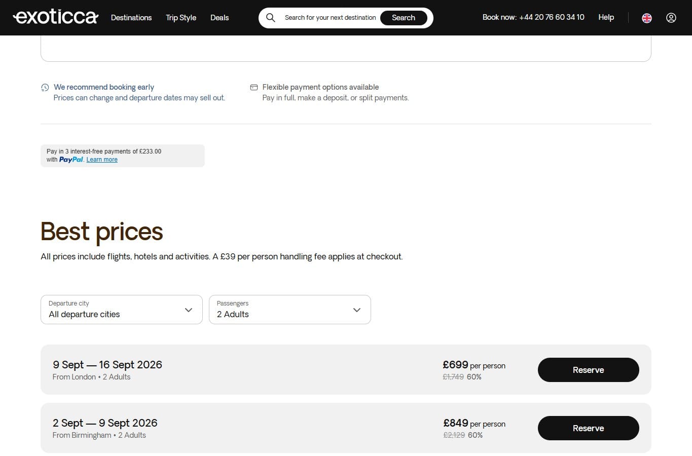 Exoticca Albania tour price table showing London departure from £699