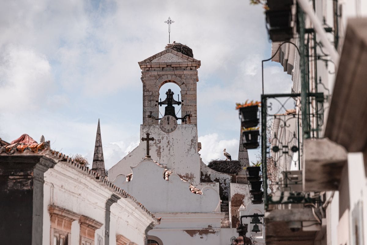 Traditional bell tower of Faro Cathedral in the old town, Algarve, Portugal
