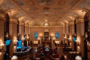 Elegant Hilton hotel lobby with luxury modern interior