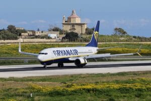Ryanair Boeing 737 on airport runway ready for departure