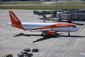 easyJet aircraft at airport terminal