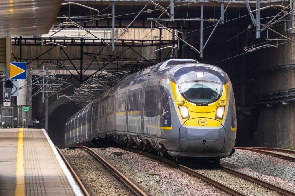 High-speed Eurostar train at railway station platform