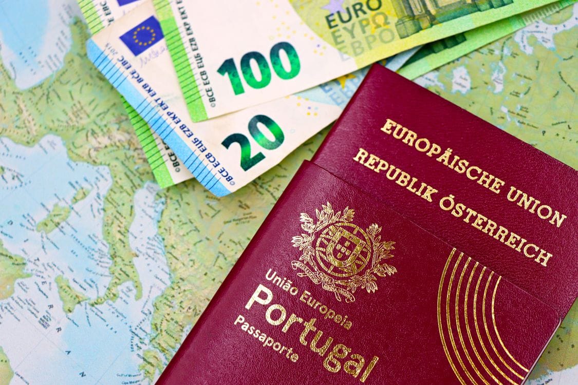 Travel documents including passport and euros on a map of Europe