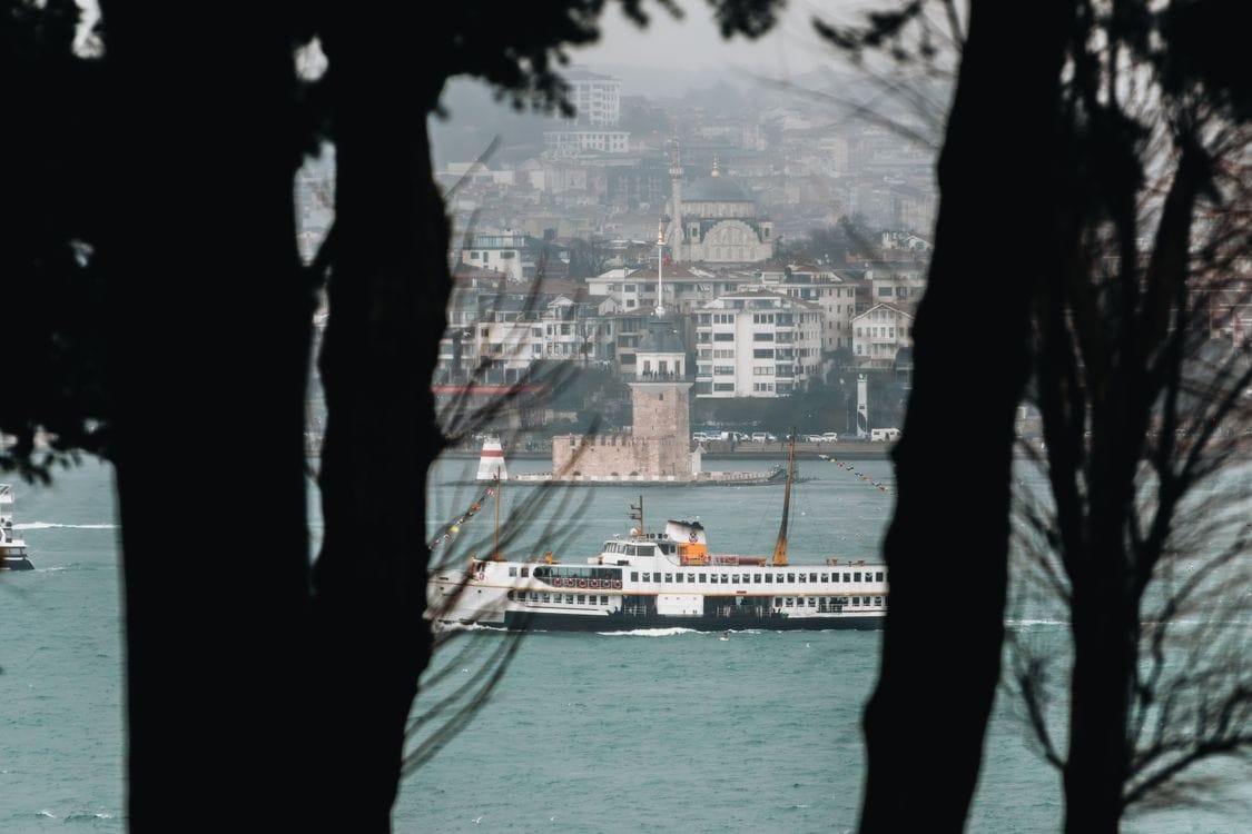 Bosphorus ferry crossing with Istanbul skyline and minarets in the background