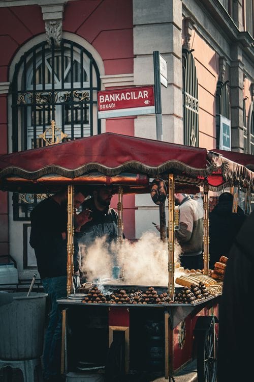 Colourful street food stalls and vendors in Istanbul's Old City market area