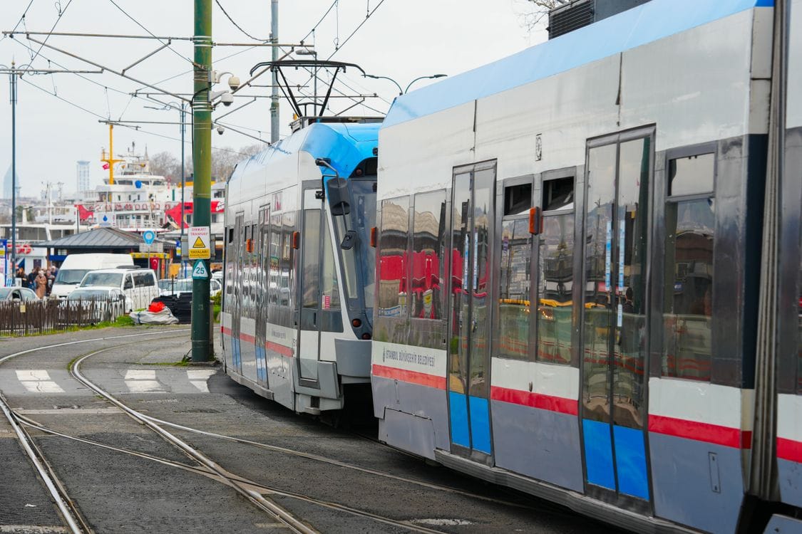 Modern Istanbul tram on curved tracks near the Bosphorus waterfront