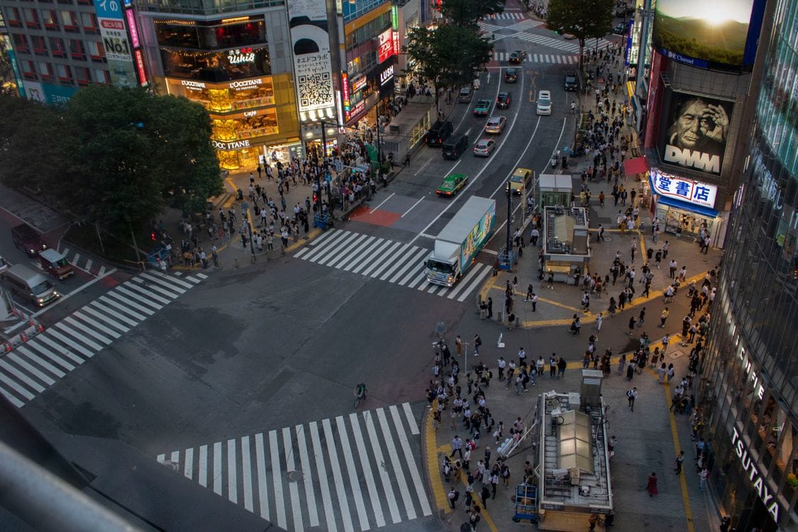 Aerial view of Shibuya Crossing, Tokyo, at dusk