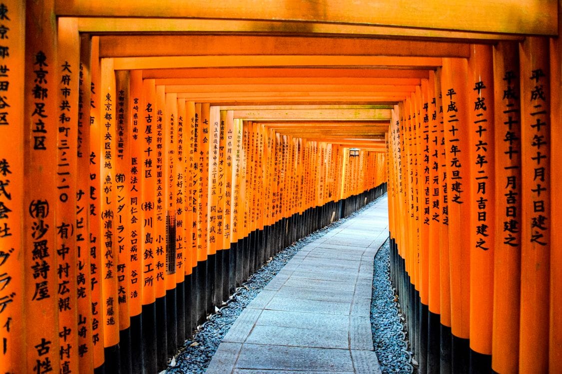 The red torii gate tunnel at Fushimi Inari Shrine, Kyoto