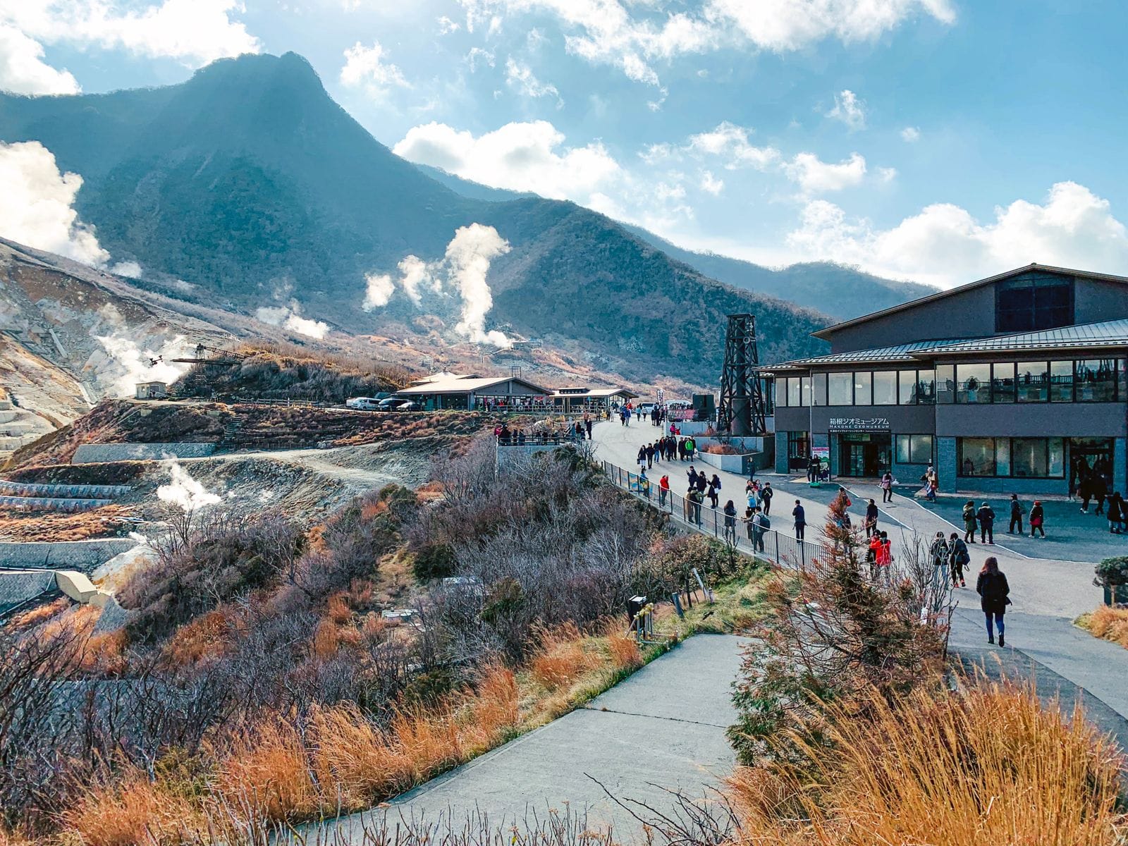 Owakudani volcanic valley steam vents, Hakone, with walking trail and mountains