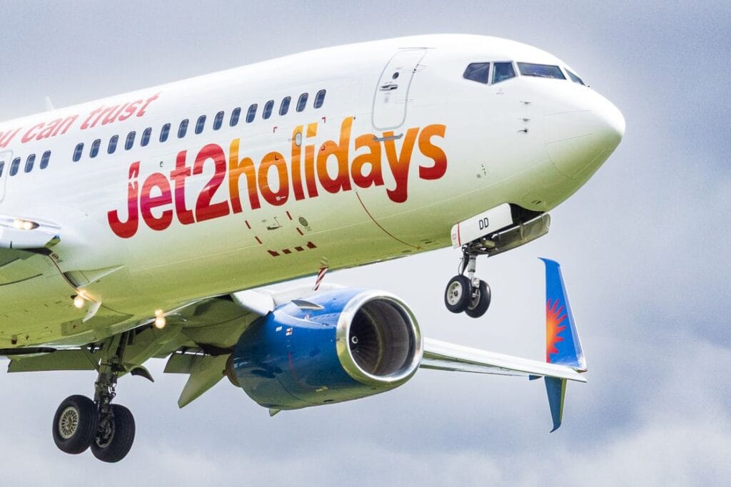 Jet2holidays aircraft on landing approach showing airline livery