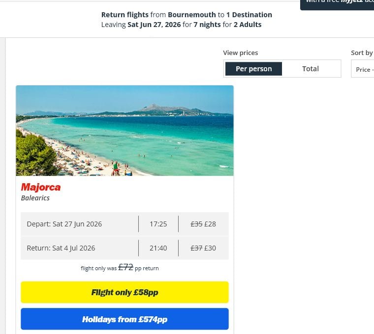 Jet2 search result showing Bournemouth to Majorca flights from £58 per person return