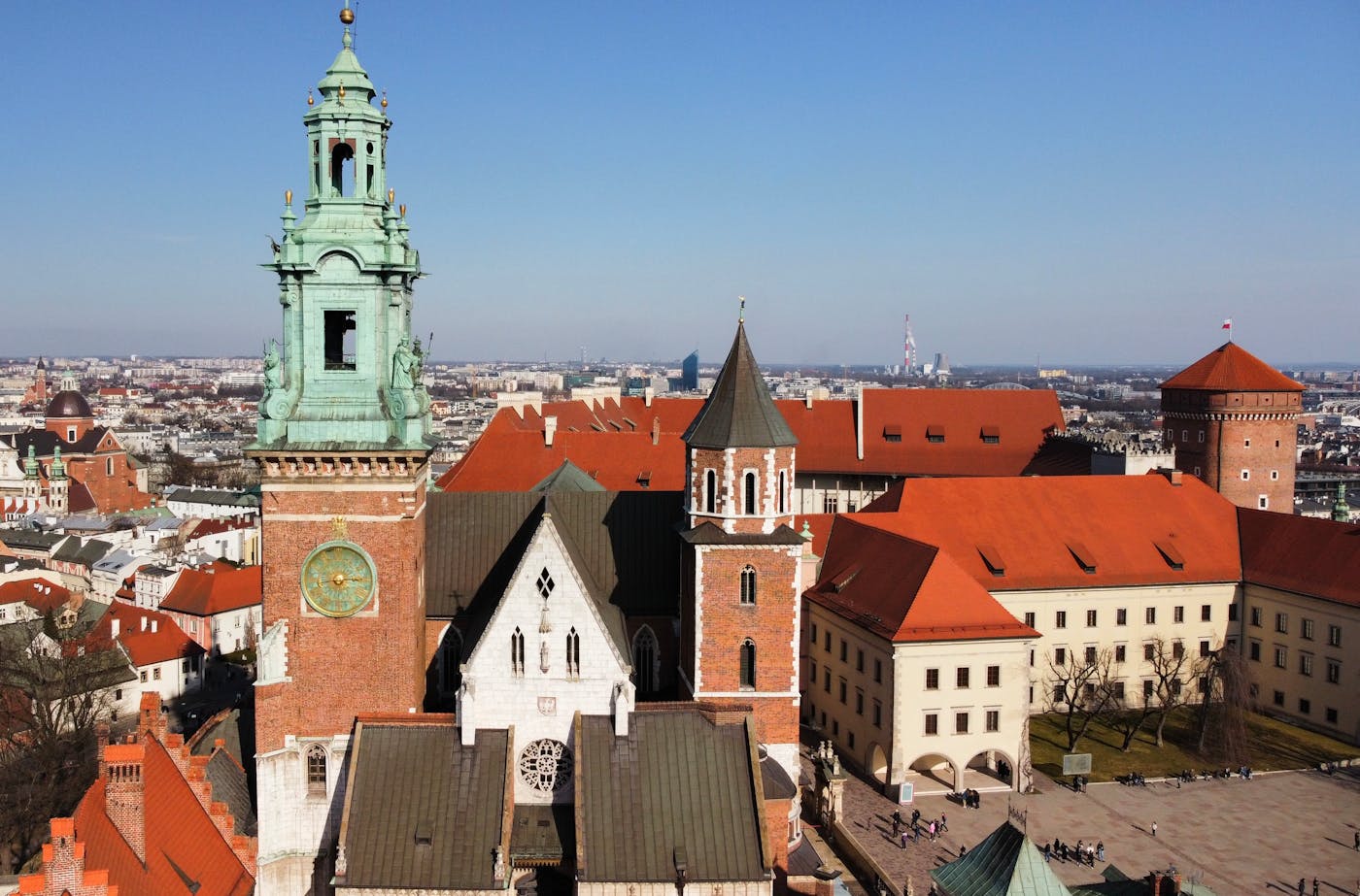 Aerial view of Wawel Castle and Krakow rooftops