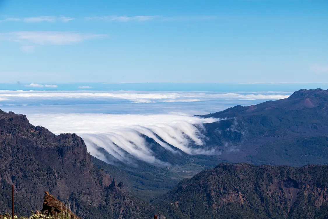 La Palma mountain scenery with green peaks and rolling clouds, Canary Islands