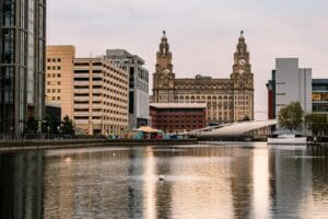 Liverpool waterfront and the Royal Liver Building reflected in the water