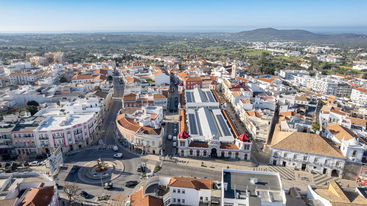 Aerial view of Loulé market building and surrounding streets in the Algarve, Portugal
