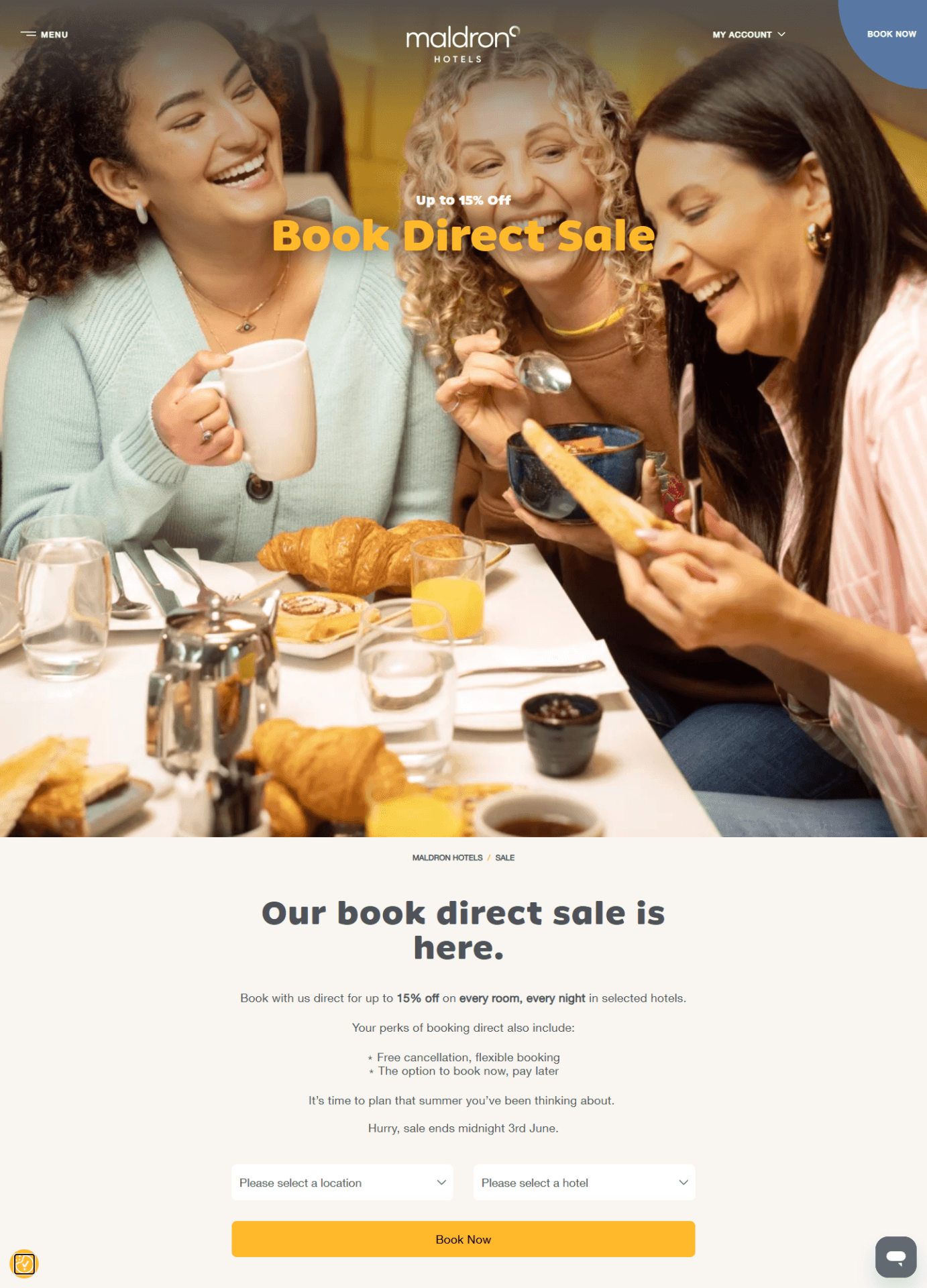 Screenshot of Maldron Hotels Book Direct Sale page showing up to 15% off and the sale ending midnight 3 June
