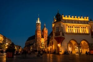 night view of st mary s basilica in krakow