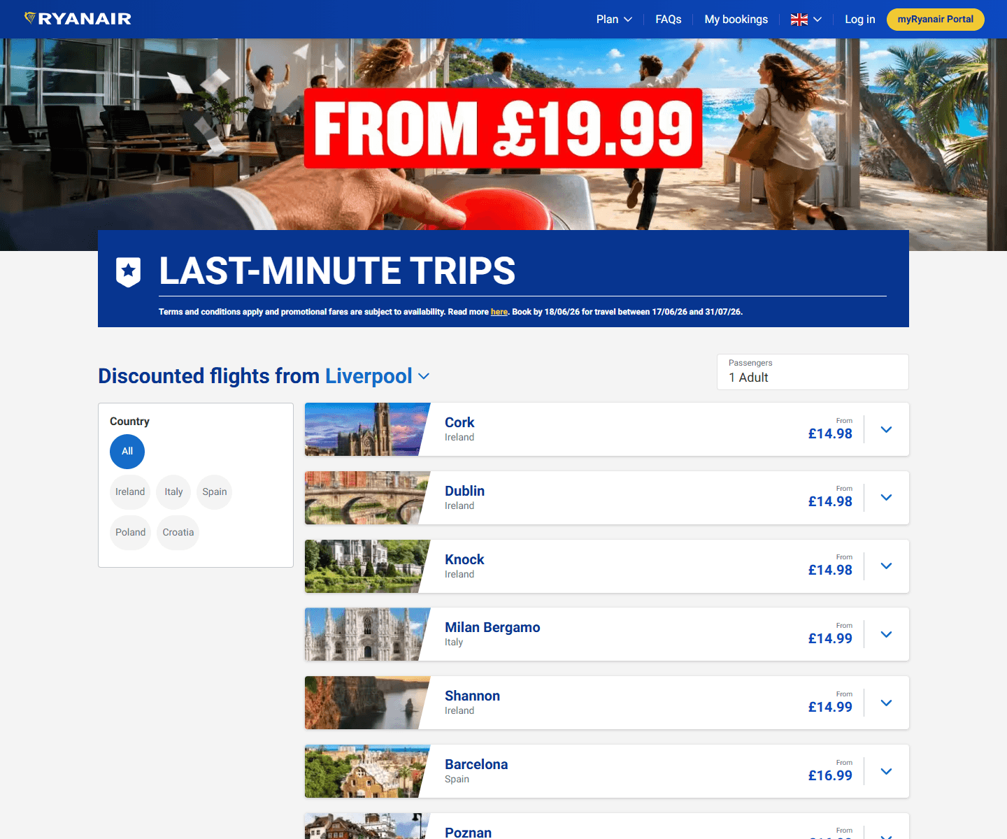 Ryanair flash sale page showing last-minute trips from Liverpool from £14.98