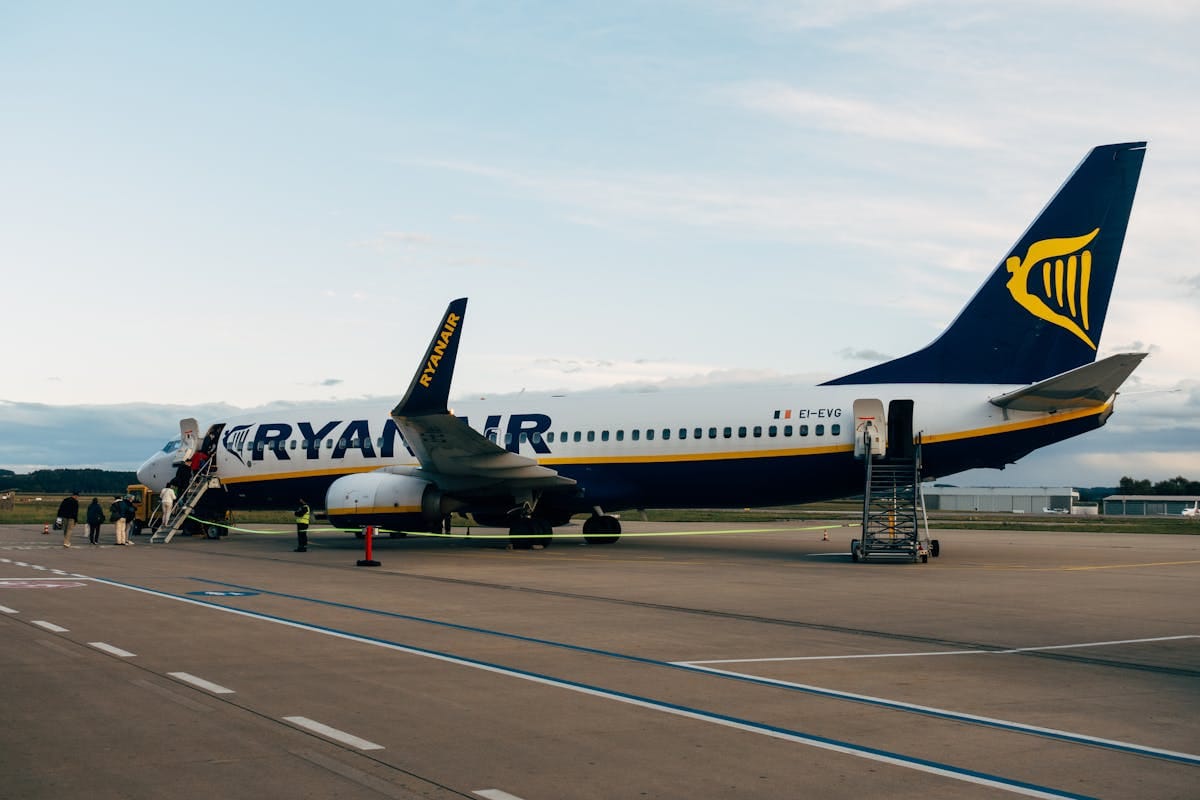 Ryanair Boeing 737 on the tarmac at dusk