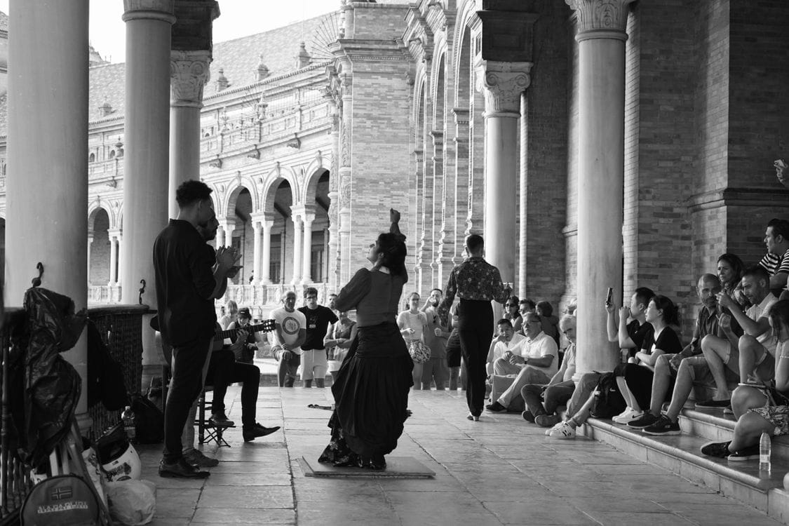 Flamenco dancer performing at the Plaza de España in Seville, Spain