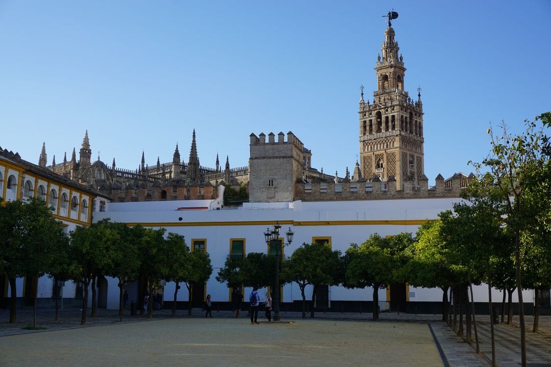 Giralda tower and Seville Cathedral illuminated in sunlight against a blue sky