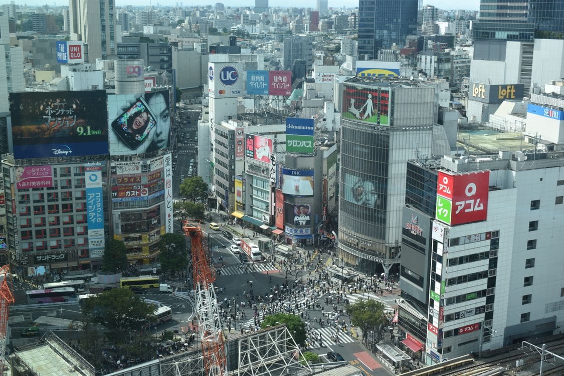 Aerial view of Shibuya Crossing in Tokyo — one of the world's busiest pedestrian crossings