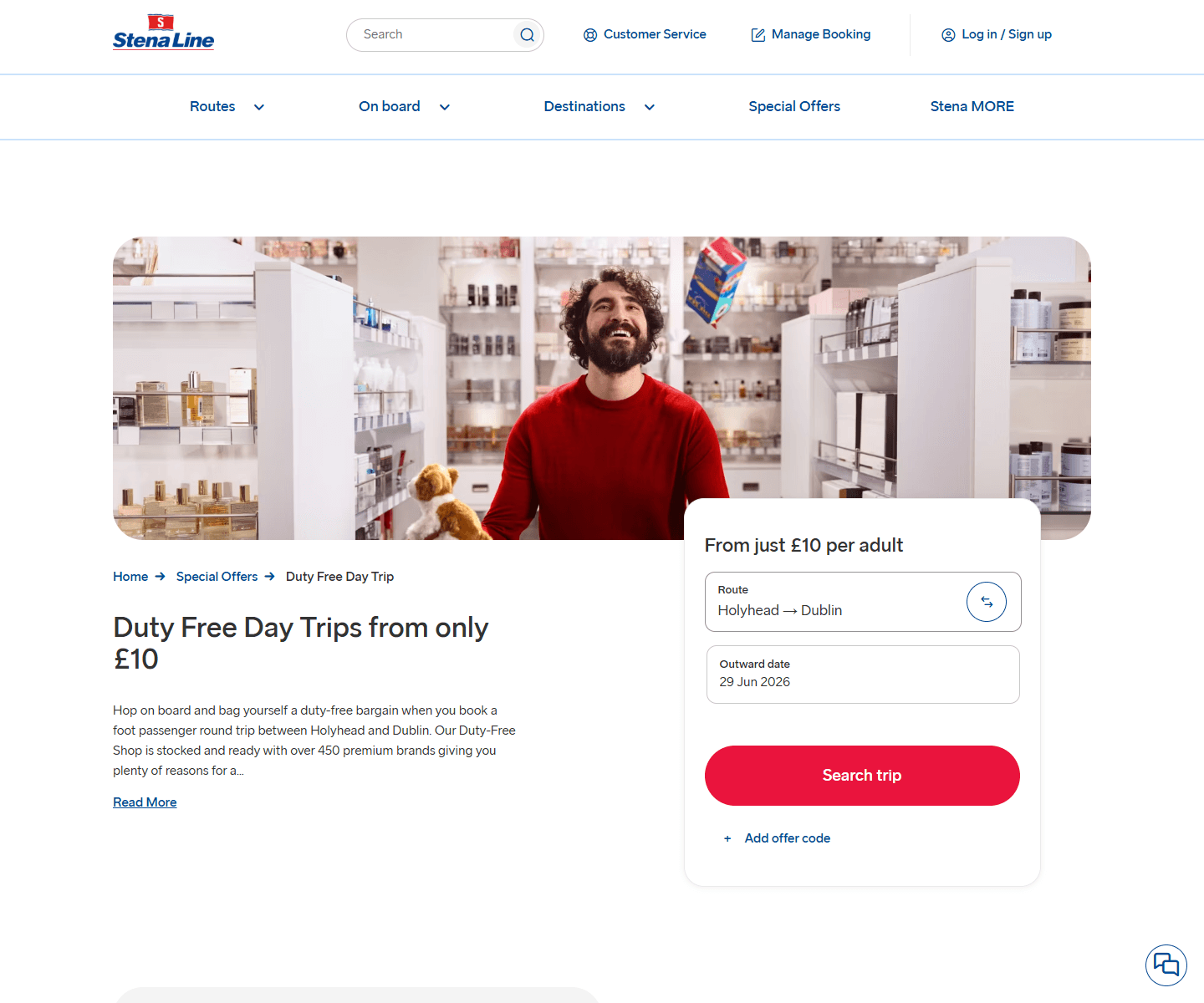 Stena Line Duty Free Day Trip page showing adult fares from £10