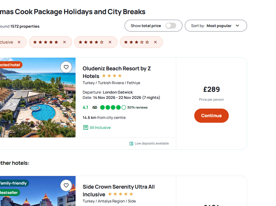 Thomas Cook package result showing Oludeniz Beach Resort by Z Hotels from £289 per person from London Gatwick
