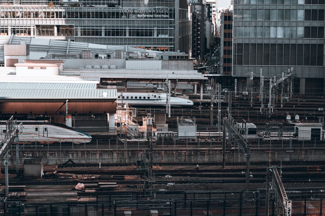 Aerial view of shinkansen trains at Tokyo railway station