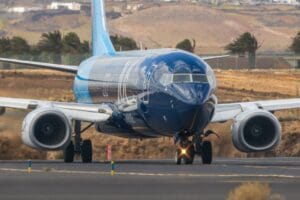 TUI Boeing 737 aircraft taxiing on the runway at Lanzarote Airport