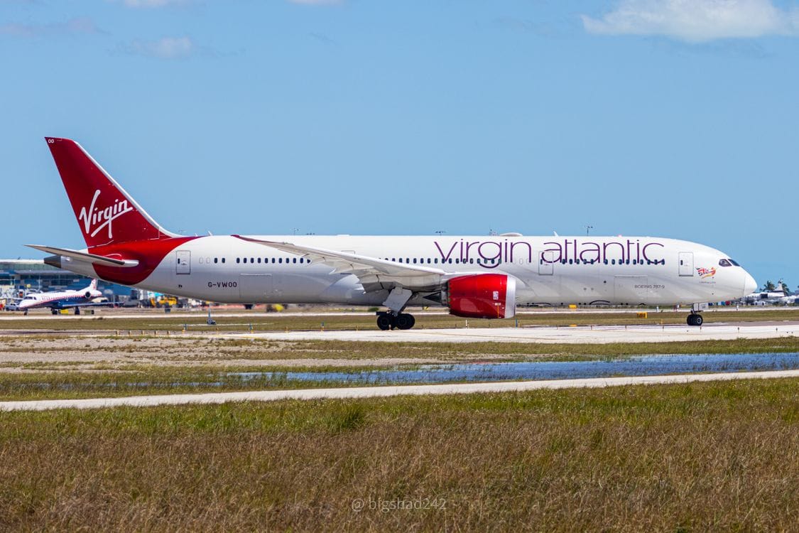 Virgin Atlantic Boeing 787 on airport runway, full livery