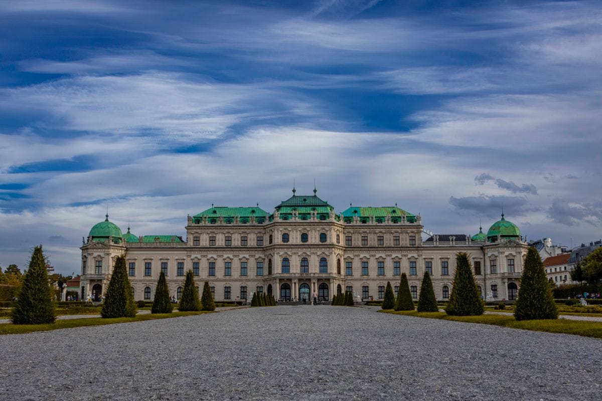 Upper Belvedere Palace facade in Vienna with reflecting pool in the formal gardens