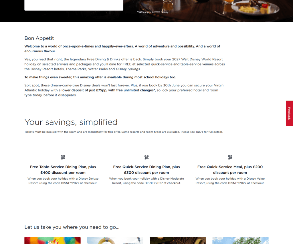 Virgin Atlantic Holidays Disney Free Dining and Drinks offer tiers