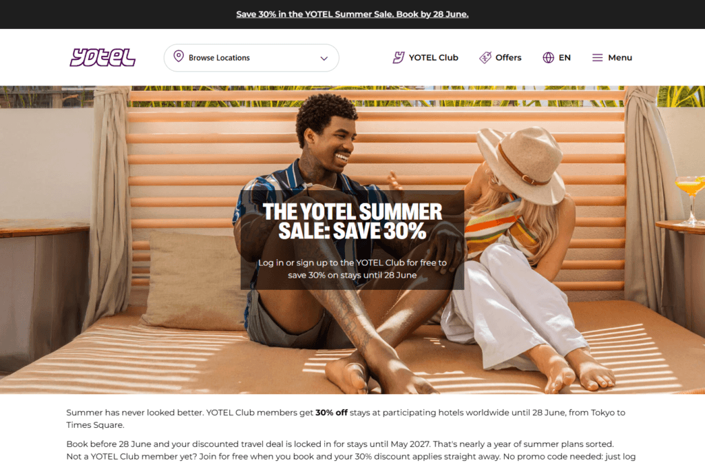YOTEL Summer Sale page showing UK hotels