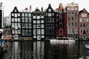 Amsterdam canal houses at golden hour, Netherlands