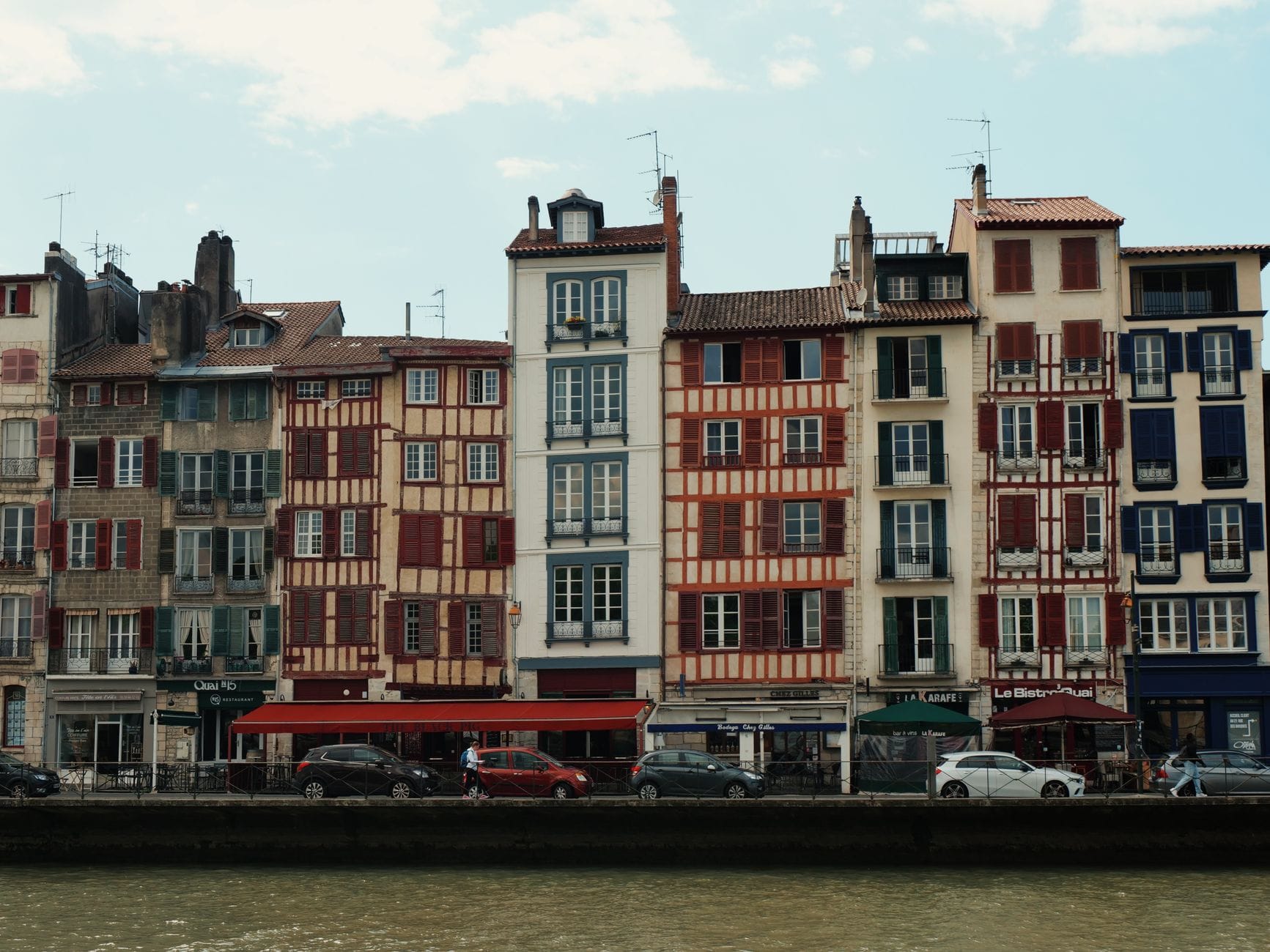 Traditional half-timbered Basque houses along the Nive river in Bayonne