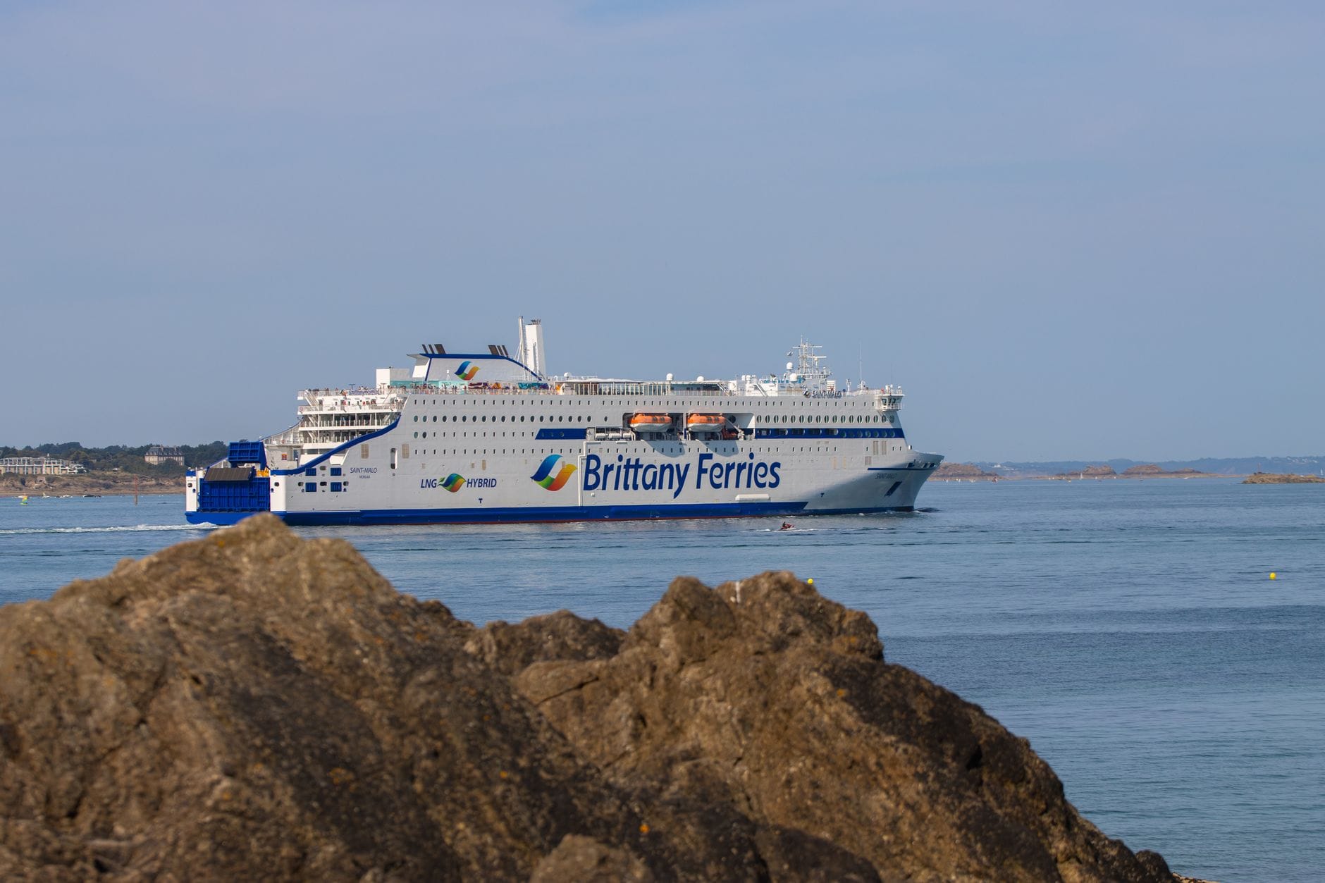 A Brittany Ferries ship arriving near Saint-Malo, the overnight crossing from Portsmouth