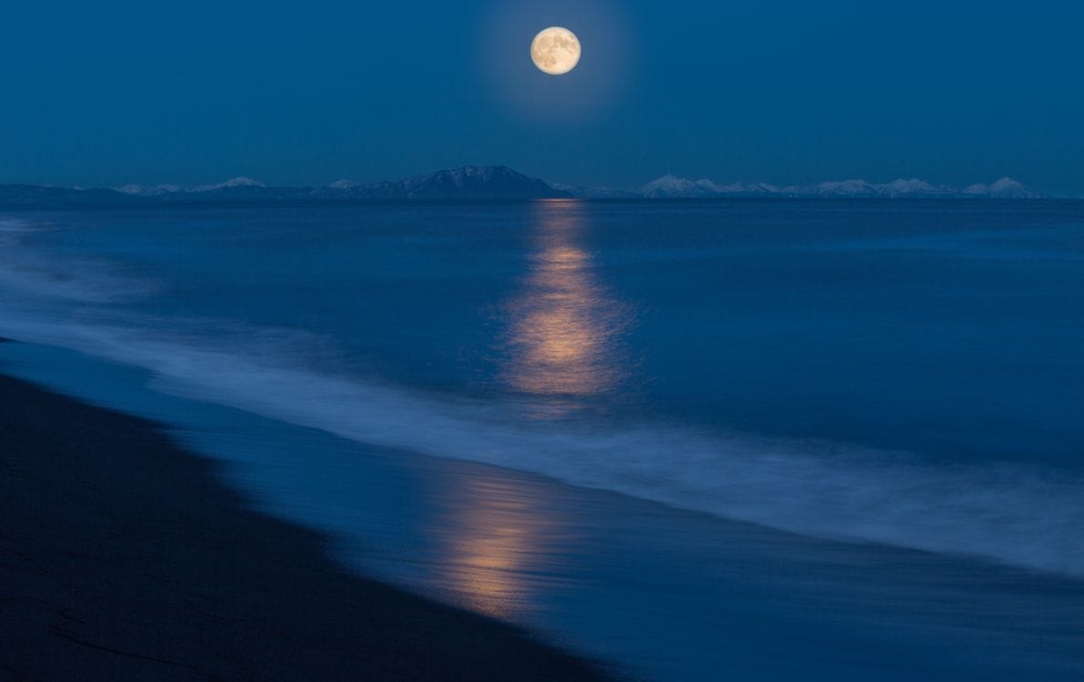 A full moon rising over a calm beach at night