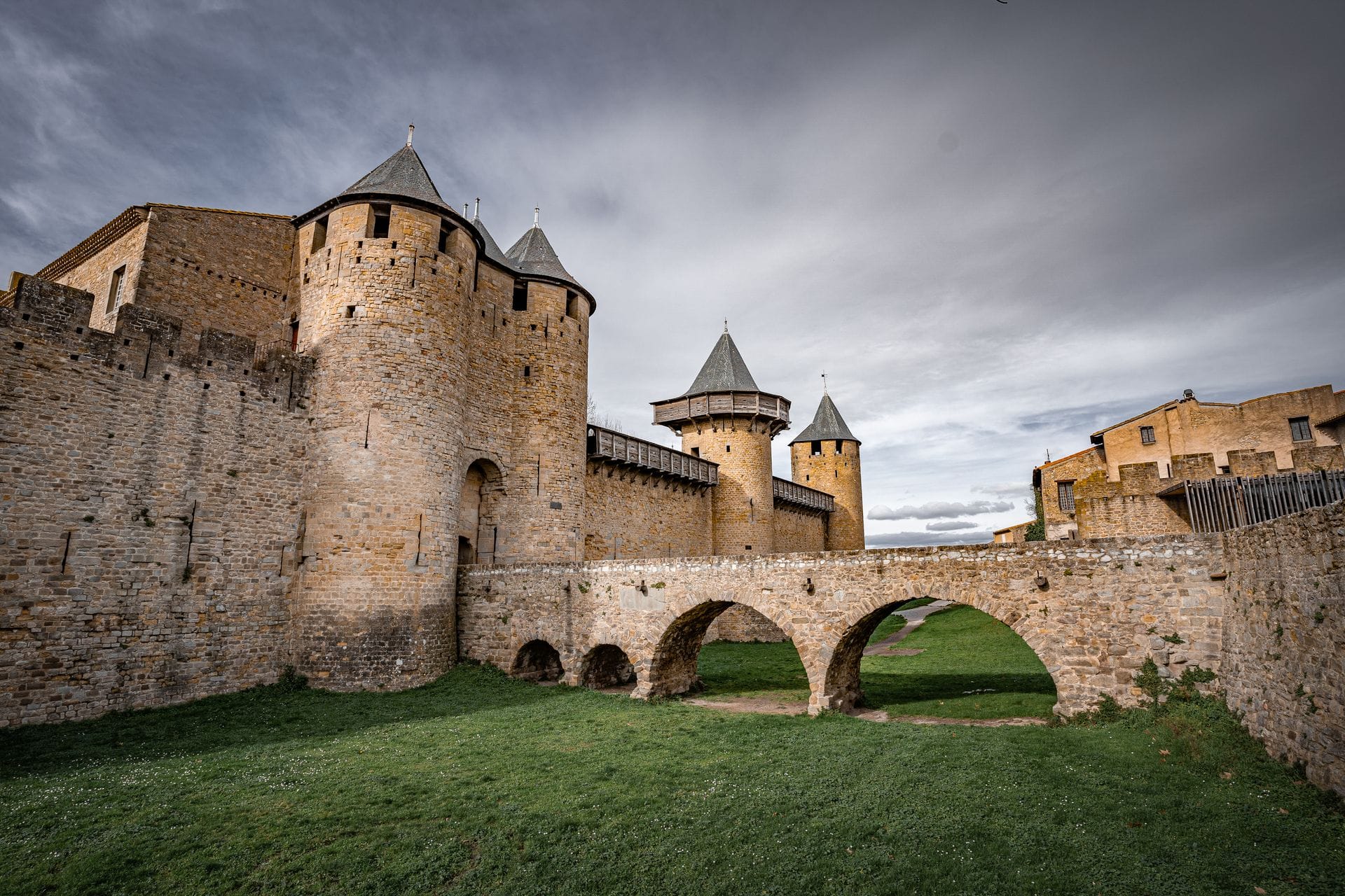 Stone walls and towers along Carcassonne's ramparts walk