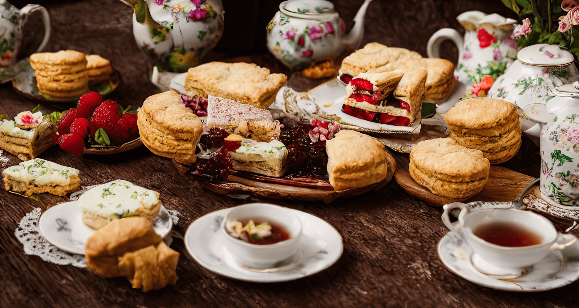 Cornish cream tea spread of scones, jam and clotted cream