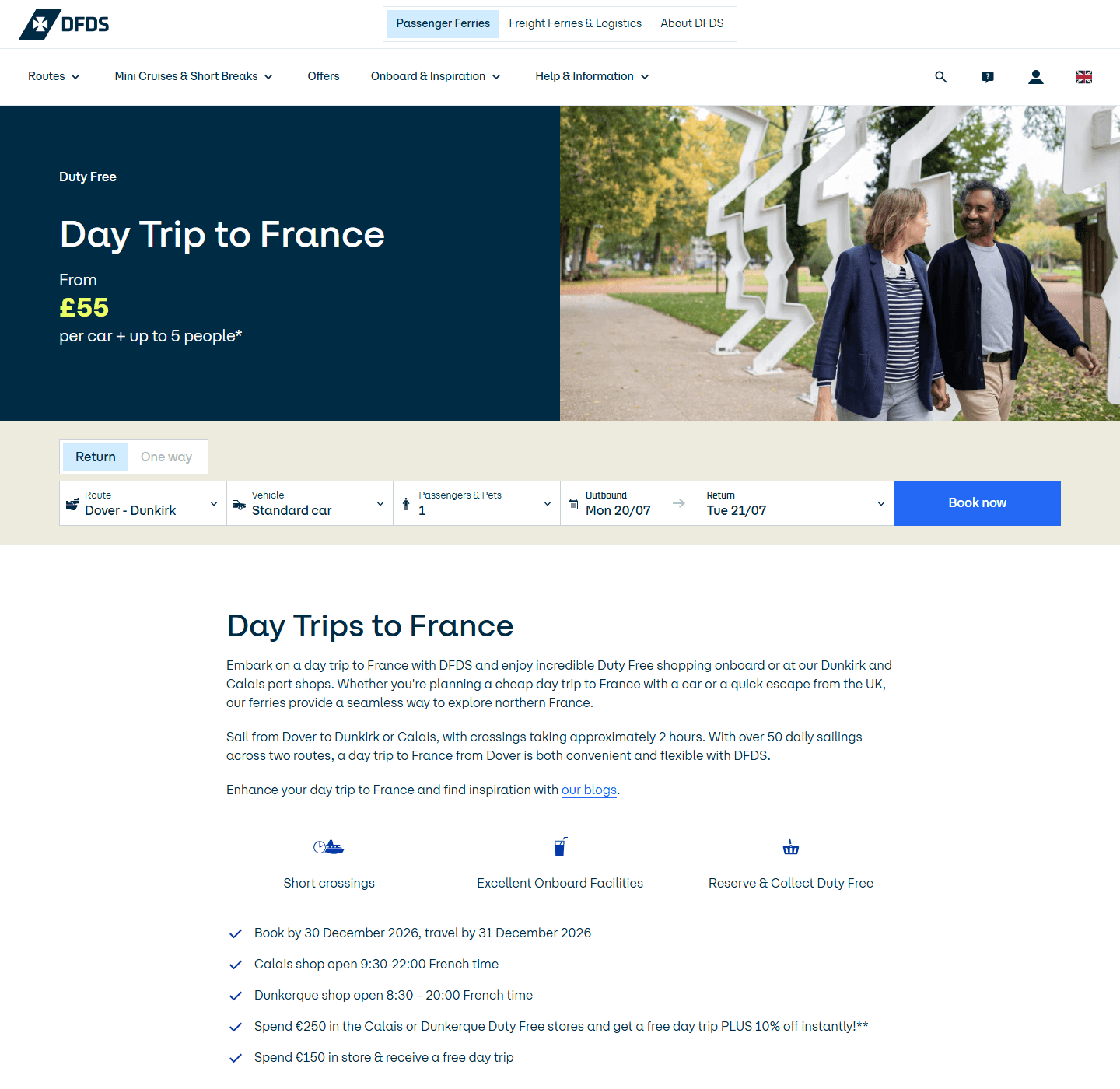 DFDS day trip to France page with the £55 return car fare