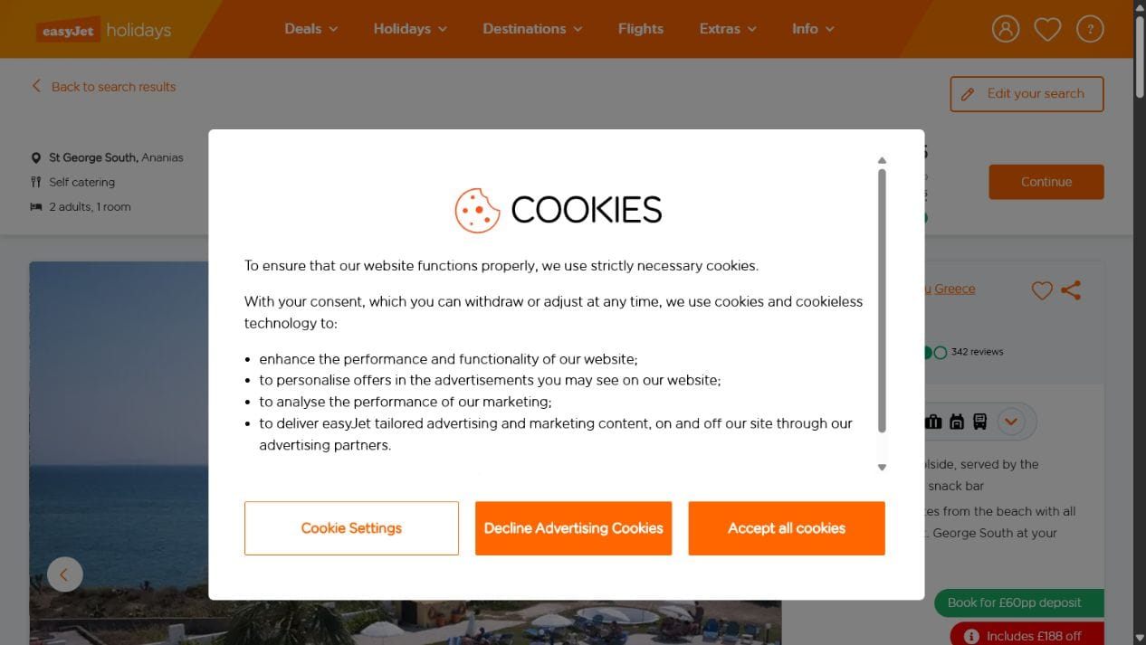 easyJet Holidays Ananias Corfu package showing price, bags and transfer