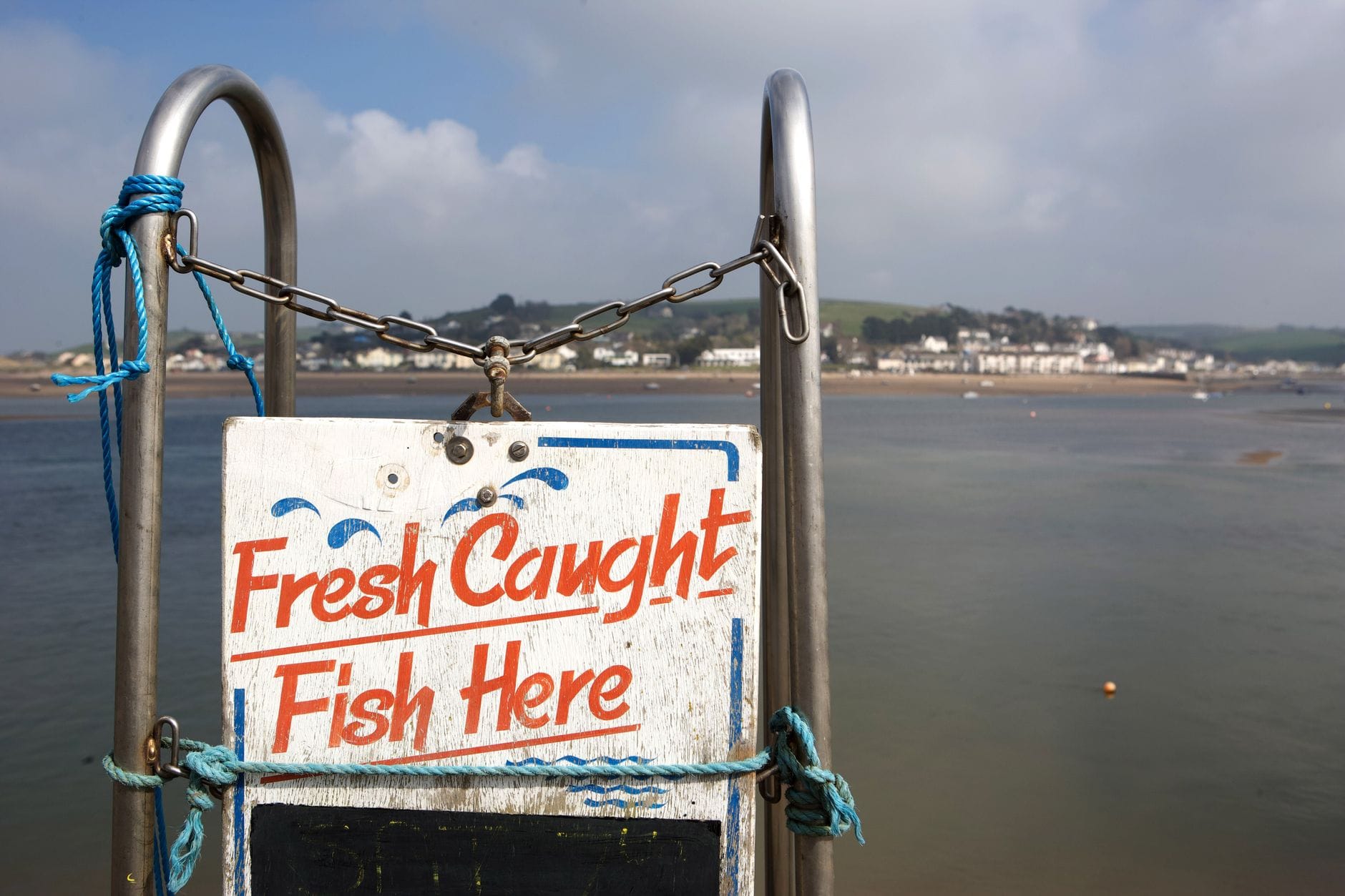 Fresh caught fish sign at a Devon seaside harbour