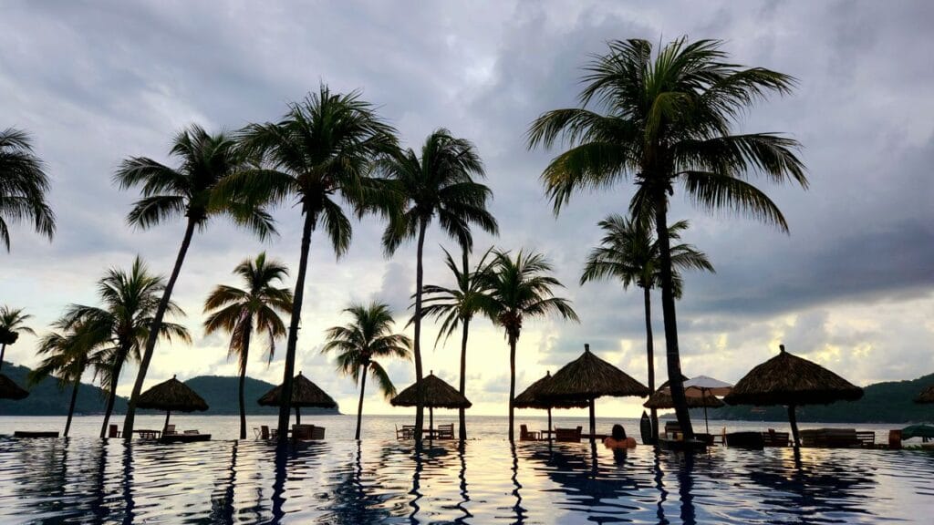 Expedia holidays: sunset at a beach resort infinity pool surrounded by palm trees