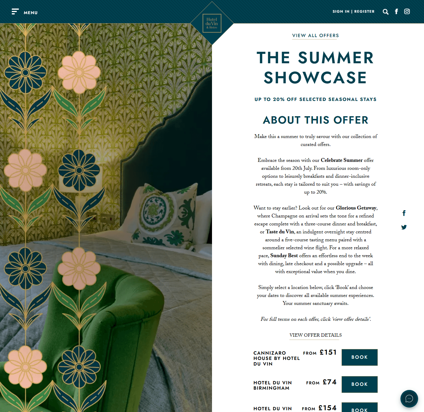 Hotel du Vin Summer Showcase page showing Birmingham rooms from 74 pounds and up to 20 percent off