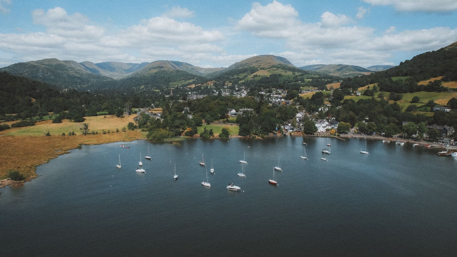 Aerial view of Ambleside and Waterhead at the head of Windermere in the Lake District