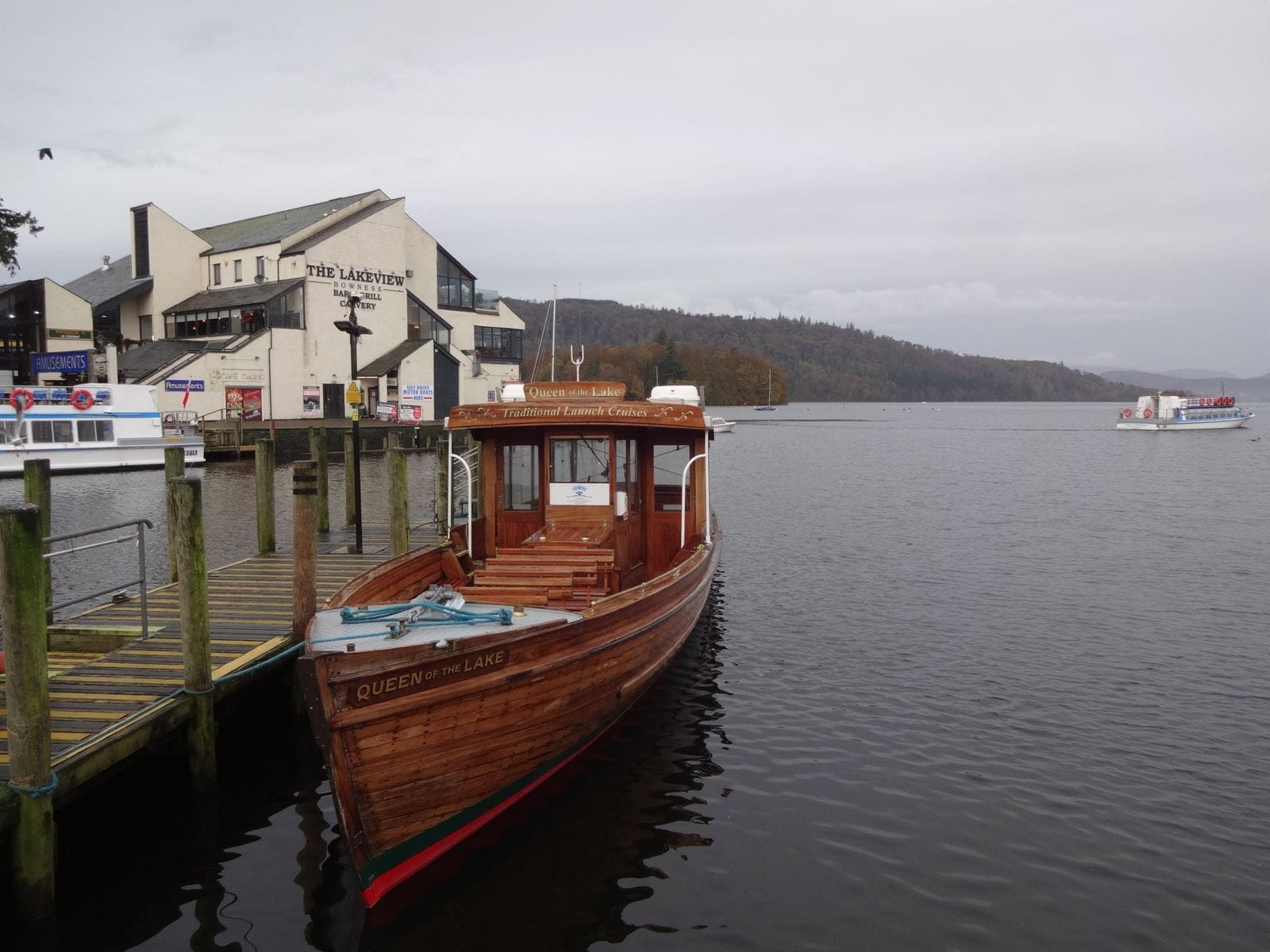A traditional wooden launch moored at Waterhead on Windermere, near Ambleside