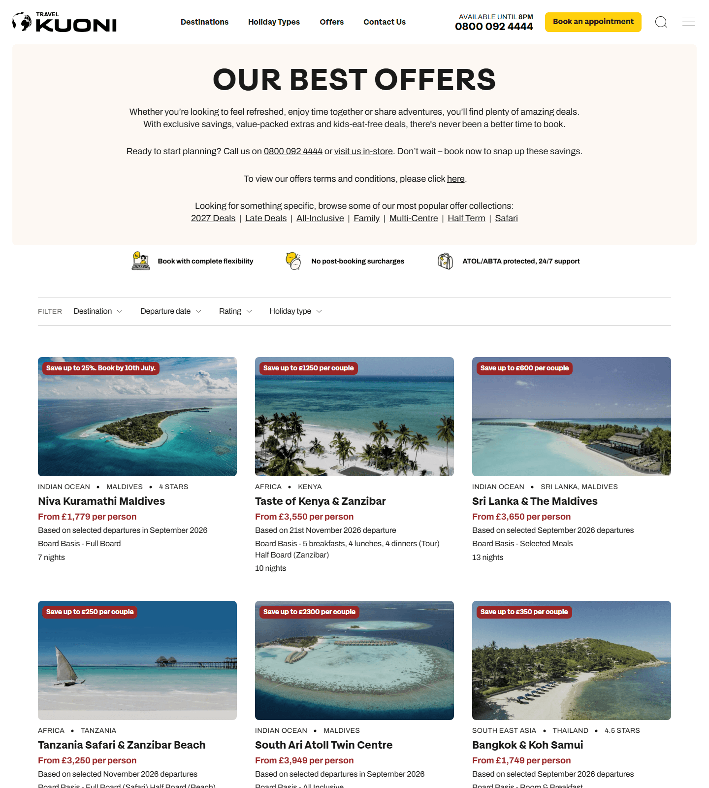 Kuoni offer page showing Niva Kuramathi Maldives from 1779 pounds per person
